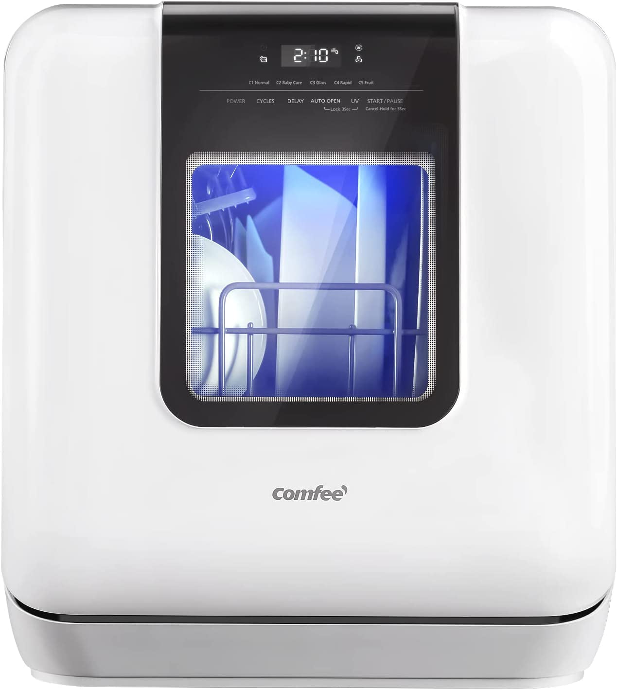 COMFEE' Countertop Dishwasher, Portable Dishwasher with 6L Built-In Water Tank, Mini Dishwasher with More Space Inside, 7 Programs, UV Hygiene& Auto Door Open, for Apartments, Dorms& Rvs, White