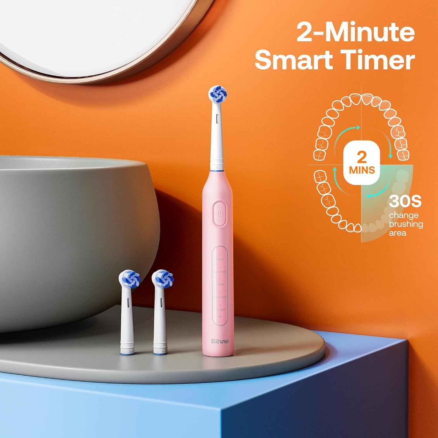 Bitvae Electric Toothbrush 8 Brush 5 Modes Brushing Pink