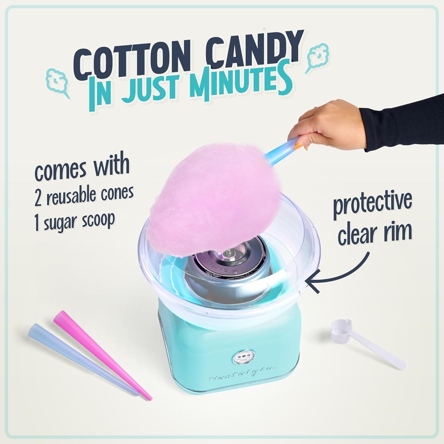 Nostalgia Classic Countertop Cotton Candy Machine, Manual, Retro Vintage Candy Maker Includes 2 Reusable Cones & Scoop, Aqua