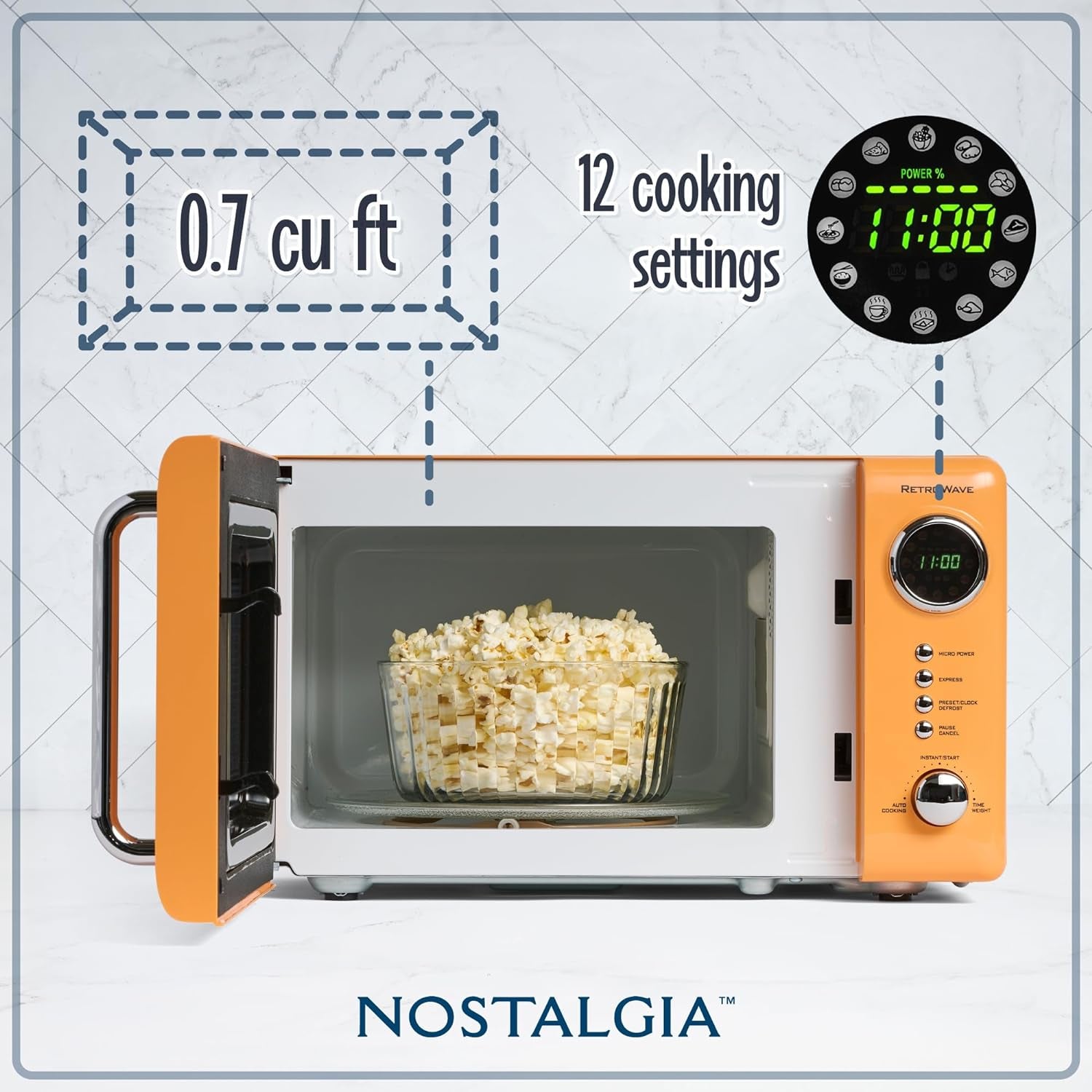 Nostalgia Retro Compact Countertop Microwave Oven - 0.7 Cu. Ft. - 700-Watts with LED Digital Display - Child Lock - Easy Clean Interior - Orange