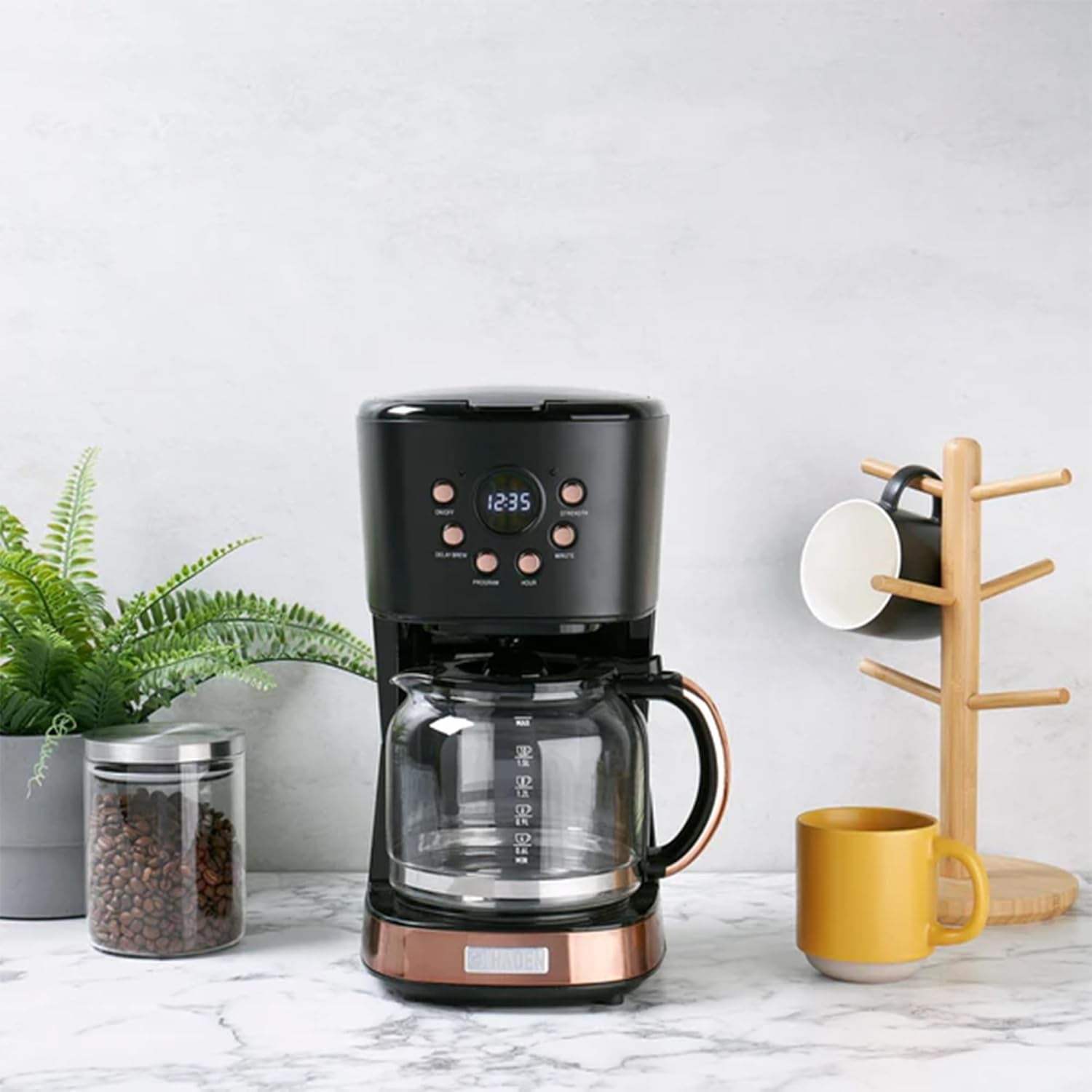 Haden Coffee Machine, 12 Cup Programmable Drip Coffee Maker with Auto Shut-Off Function and Reusable Washable Water Filter, Black & Copper