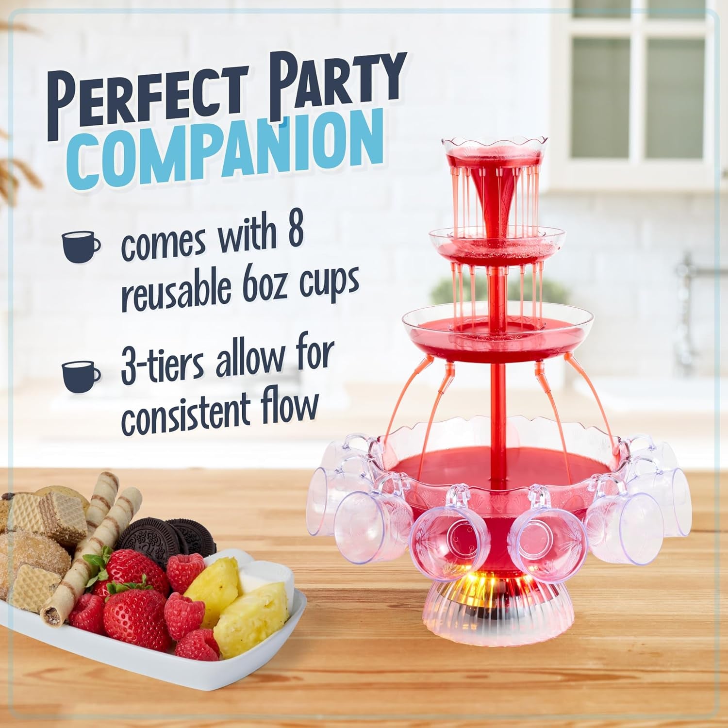 Nostalgia LPF230 3-Tier Lighted Party Fountain, Holds 1.5 Gallons, LED Lighted Base, Includes 8 Reusable Cups