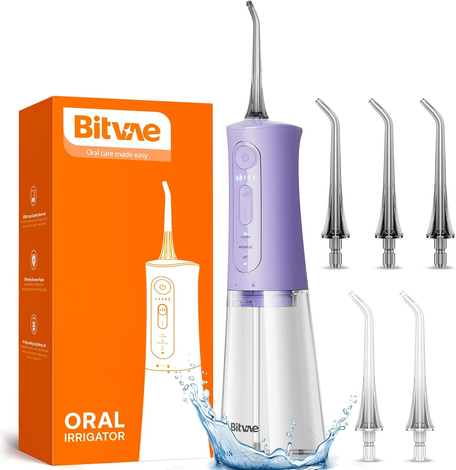 Bitvae Water Dental Flosser for Teeth 3 Modes 5 Intensities Rechargeable Lavender