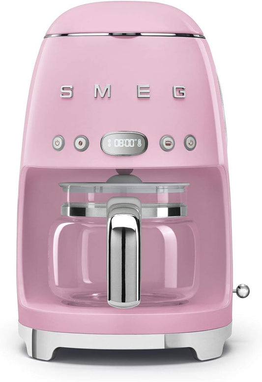 Smeg 50'S Retro Style Aesthetic Drip Coffee Machine with 10 Cup Glass Carafe, Auto Start Feature, Keep Warm Plate, and Two Coffee Strength Settings (Pink)