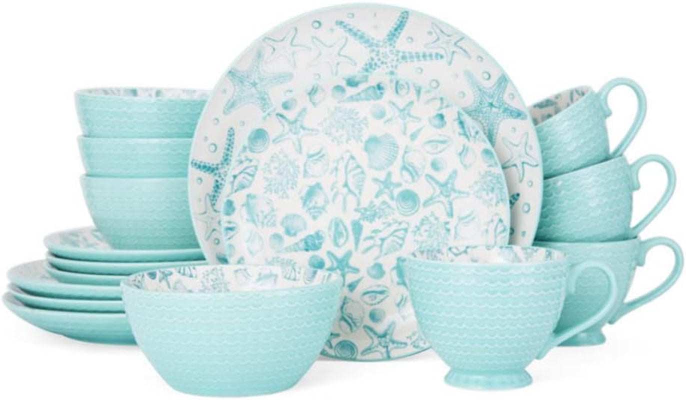 Pfaltzgraff Venice 16-Piece Stoneware Dinnerware Set, Service for 4, Aqua/White -