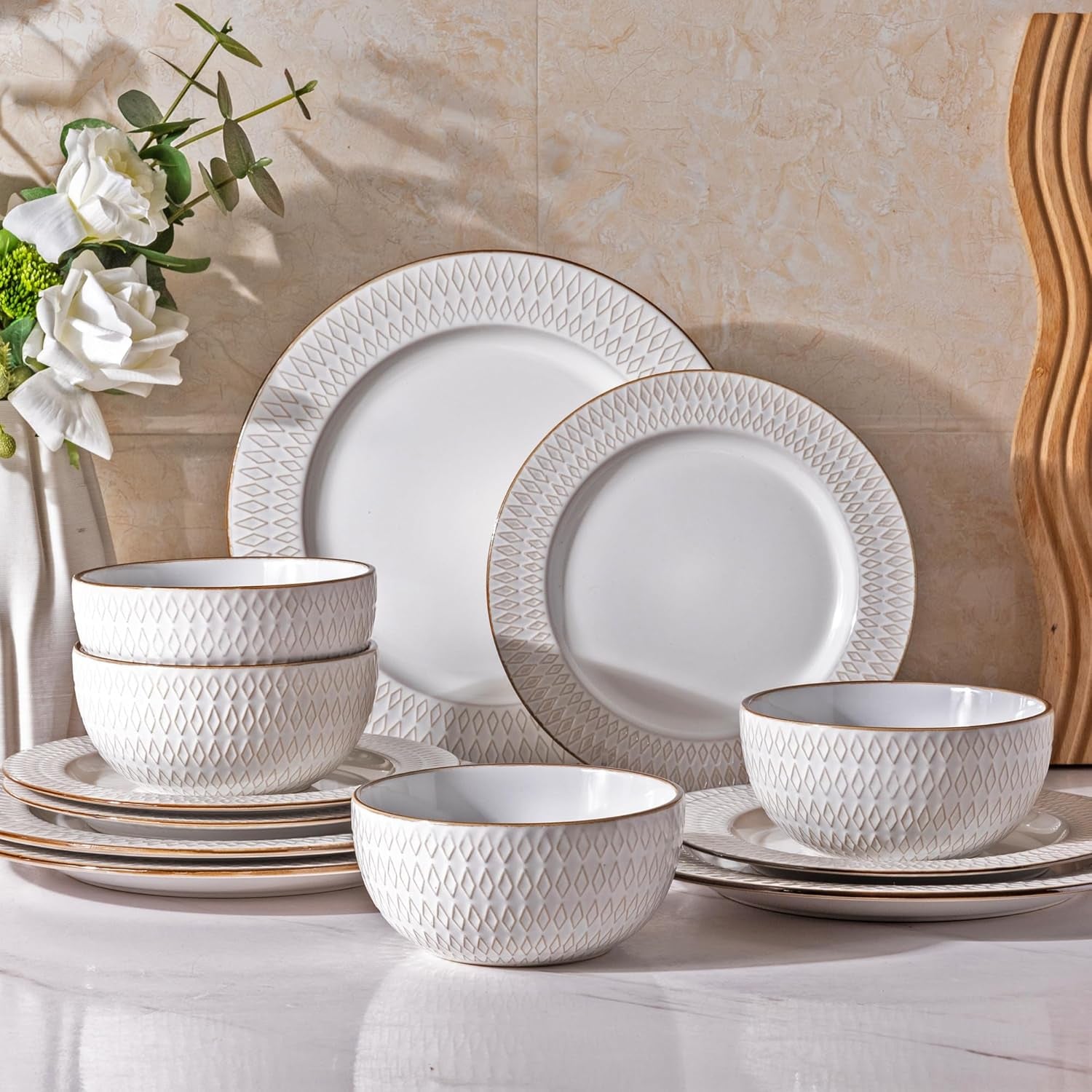 Ceramic Dinnerware Sets, Embossed Elegant Stoneware Plates and Bowls Sets, Housewarming Wedding Gift | Dishwasher & Microwave Safe | Dishes Set Service for 4