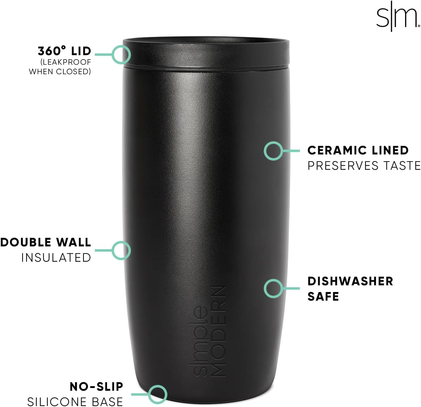 Simple Modern Travel Coffee Mug Tumbler with 360° Lid | Ceramic-Lined Insulated Stainless Steel Cold Brew Iced Coffee Cup | Gifts for Women Men Her Him | Voyager Signature | 16Oz | Midnight Black