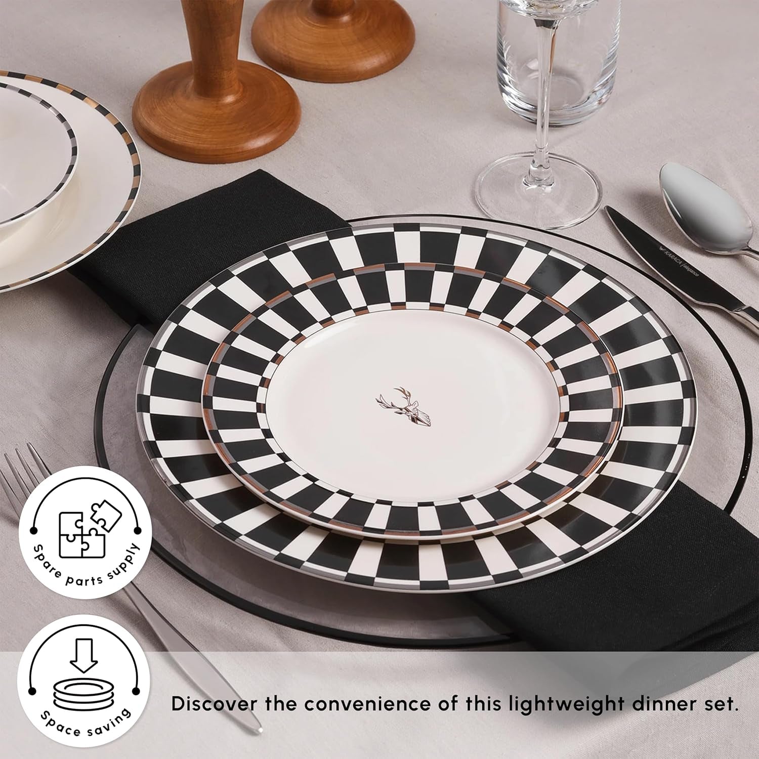 Karaca Aries Black 24 Piece Dinner Set for 6 People, Stylish, Elegant, Black White Borders, Gold and Silver Accents, Dinner Set Porcelain