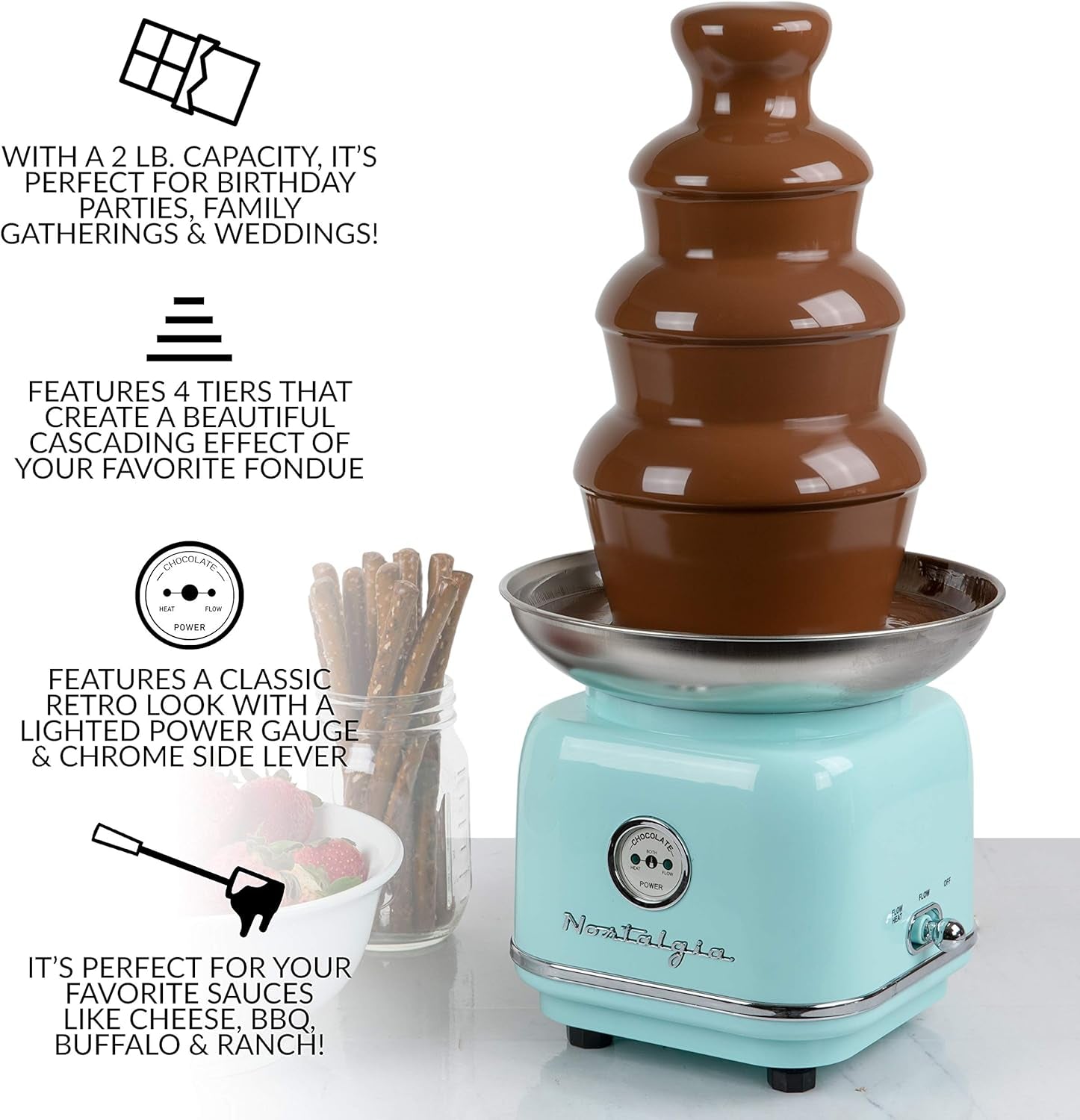 Nostalgia 4 Tier Electric Chocolate Fondue Fountain Machine for Parties - Melts Cheese, Queso, Candy, and Liqueur - Dip Strawberries, Apple Wedges, Vegetables, and More - 32-Ounce - Aqua