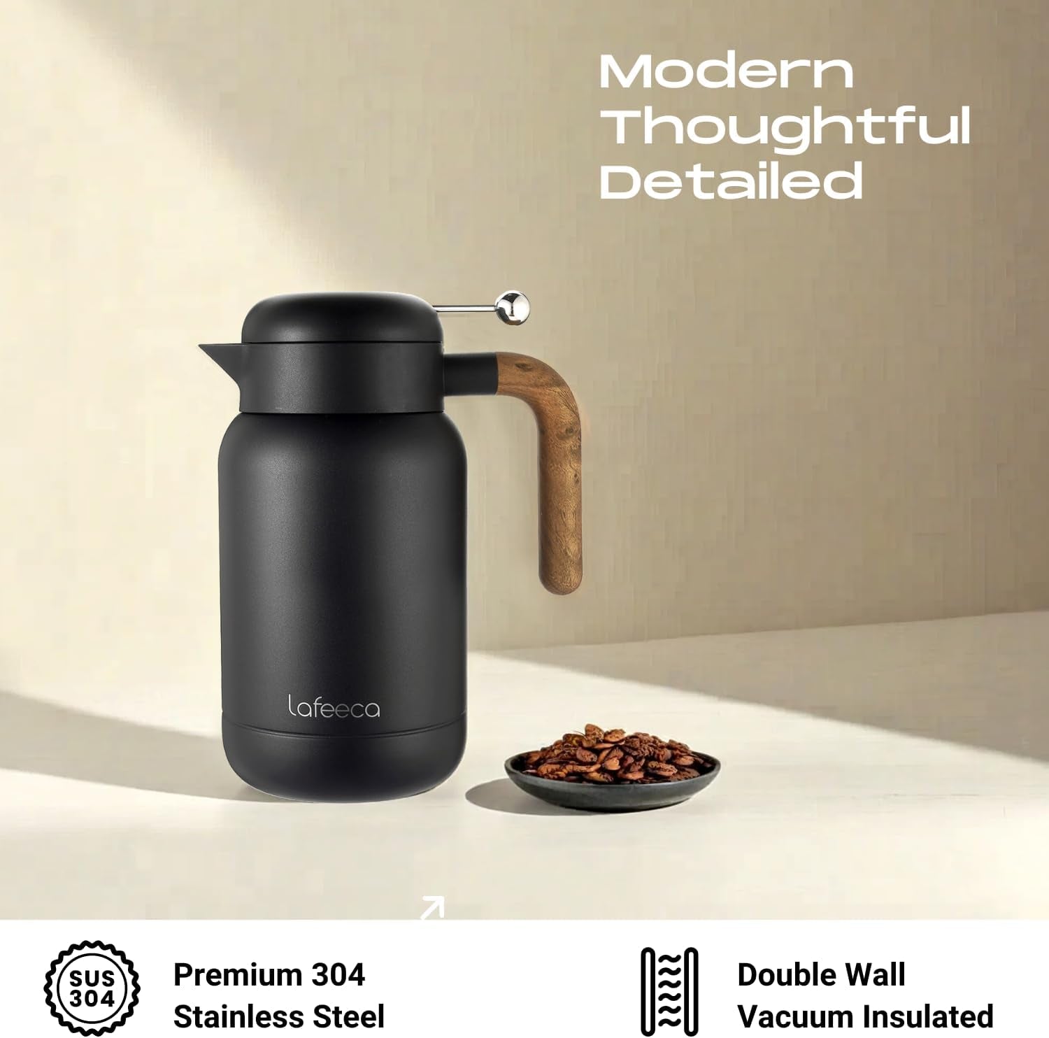 Aura Thermal Coffee Carafe Tea Pot for Keeping Hot & Iced Cold - Vacuum Insulated - Thermos Water Pitcher - Beverage Dispenser - Cool Touch Handle & Lid - BPA Free - 1.5 Liter - Black