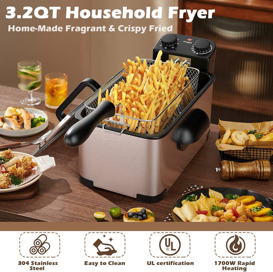 Simoe Deep Fryer with Basket & Timer Temperature Knobs 3.2 Litter Stainless Steel