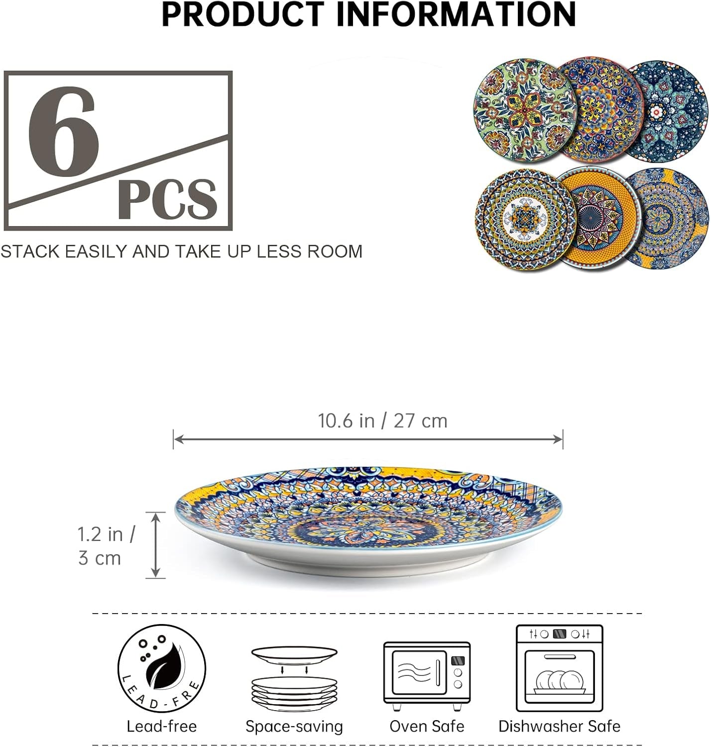 HENXFEN LEAD Bohemian Style Porcelain Dinner Plates Set  6 Piece 27 Cm with Pattern