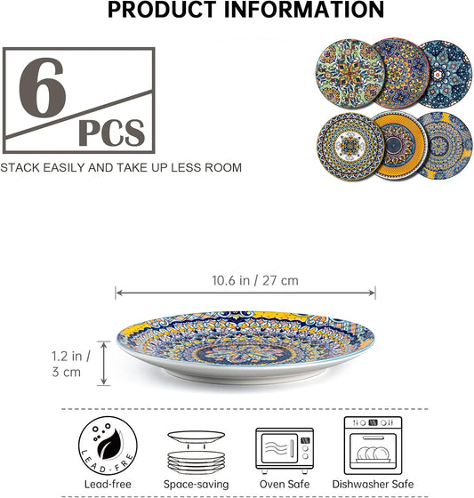 HENXFEN LEAD Bohemian Style Porcelain Dinner Plates Set  6 Piece 27 Cm with Pattern