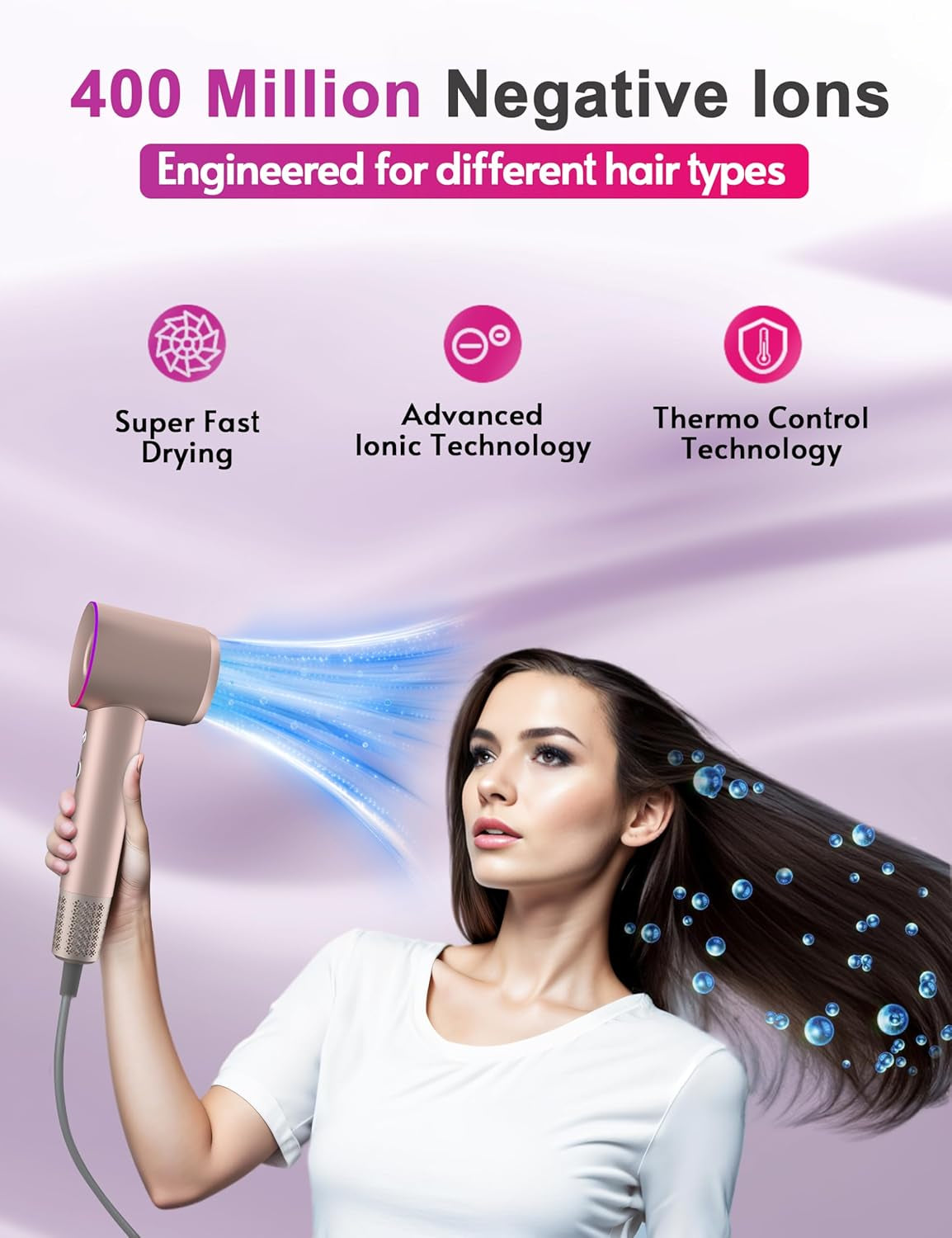 Ionic Hair Dryer - 120000 RPM High Speed Brushless Motor for Fast Drying, Low Noise (Pink)