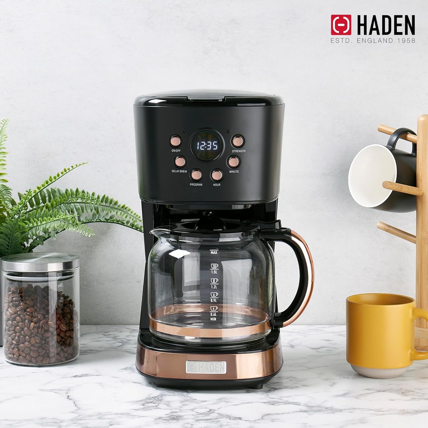 Haden Coffee Machine, 12 Cup Programmable Drip Coffee Maker with Auto Shut-Off Function and Reusable Washable Water Filter, Black & Copper