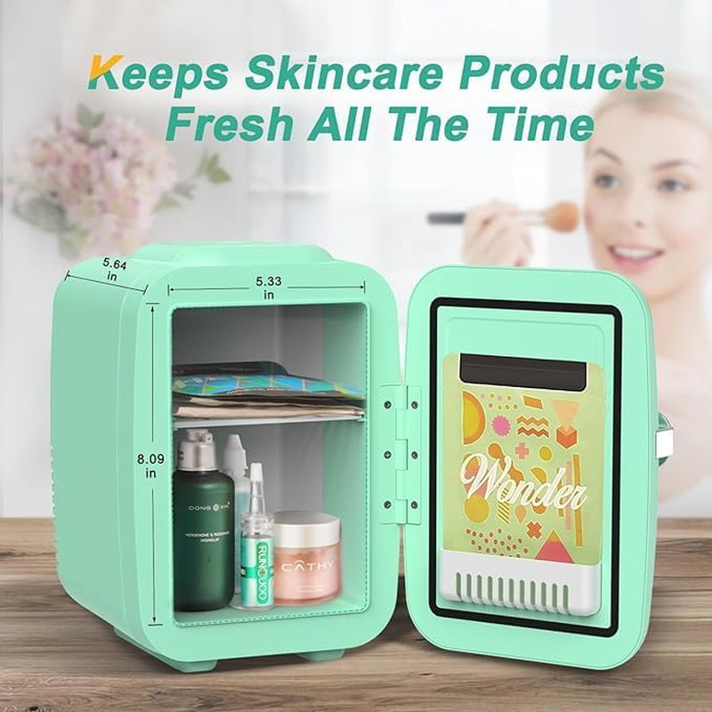 CROWNFUL Mini Fridge 4 Liter 6 Can Portable Cooler and Warmer Fridge for Skin Care & Cosmetics (Green)