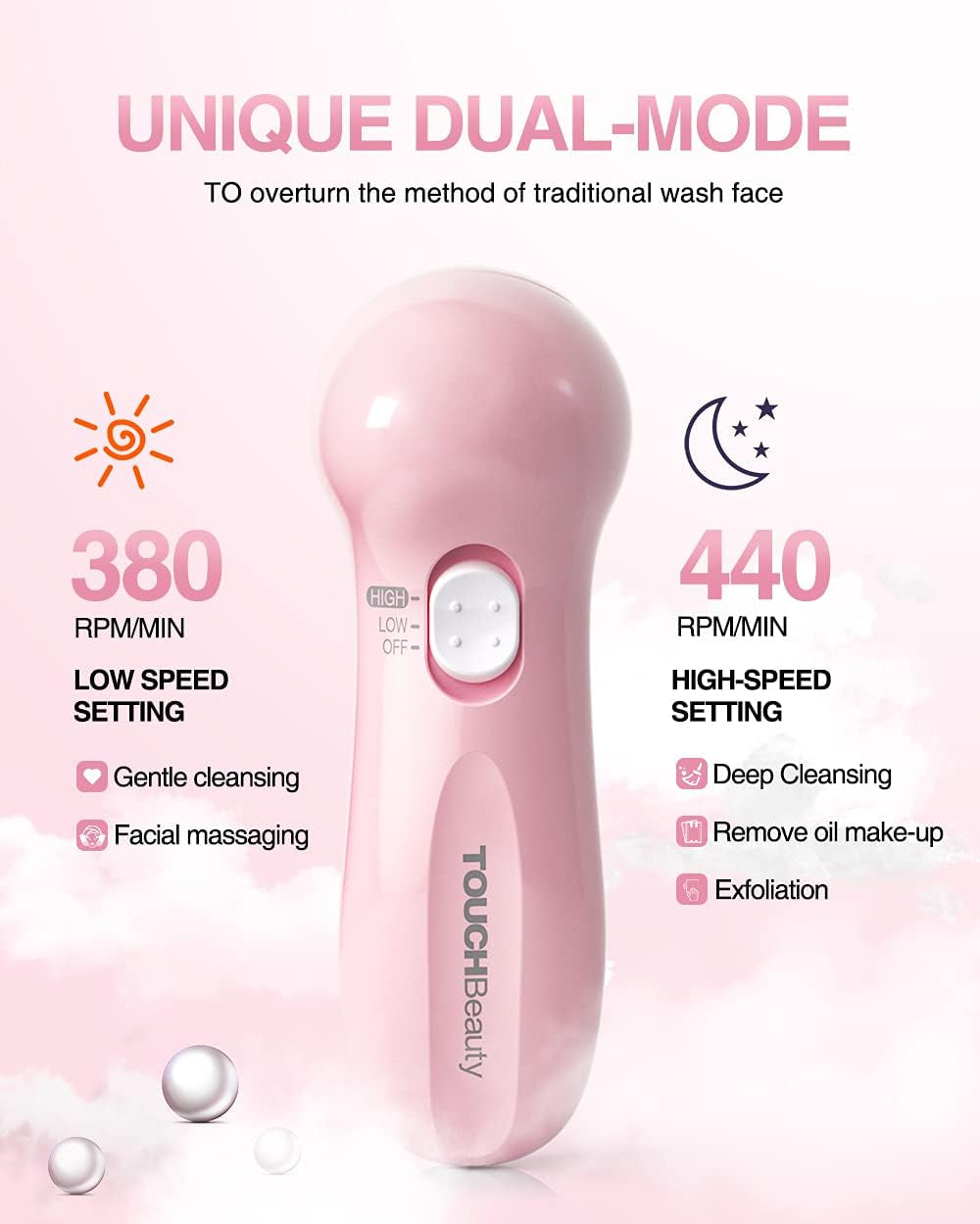 Touchbeauty Portable Facial Brush Set with Case & 3 Spin Brush Heads