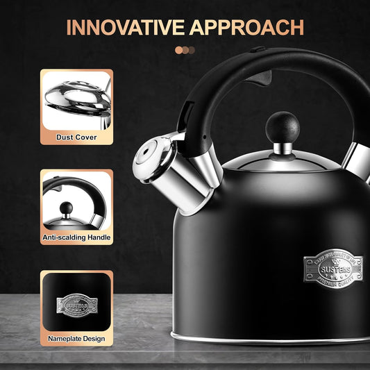 SUSTEAS Tea Kettle - 3.17QT Whistling Kettle with Ergonomic Handle - Premium Stainless Steel Tea Pots for Stove Top, Chic Vintage Teapot with Composite Base, Work for All Stovetops (Black)