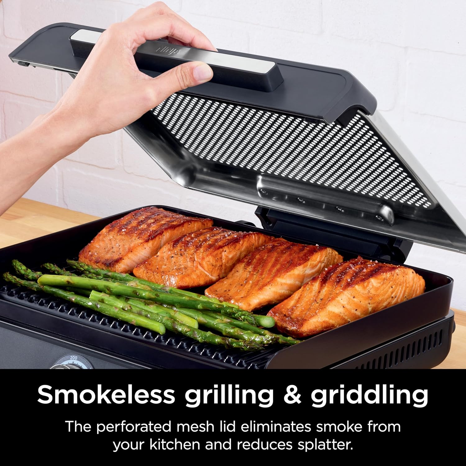 Ninja GR101 Sizzle Smokeless Indoor Grill & Griddle, 14'' Interchangeable Nonstick Plates, Dishwasher-Safe Removable Mesh Lid, 500F Max Heat, Even Edge-To-Edge Cooking, Grey/Silver