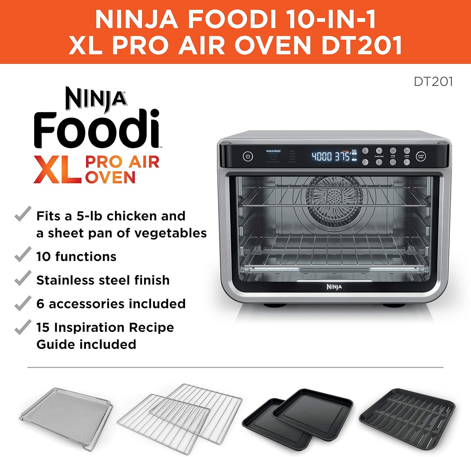 Ninja DT201 Foodi 10-In-1 XL Pro Air Fry Digital Countertop Convection Toaster Oven with Dehydrate and Reheat, 1800 Watts, Stainless Steel Finish, Silver