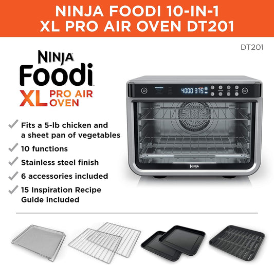 Ninja DT201 Foodi 10-In-1 XL Pro Air Fry Digital Countertop Convection Toaster Oven with Dehydrate and Reheat, 1800 Watts, Stainless Steel Finish, Silver