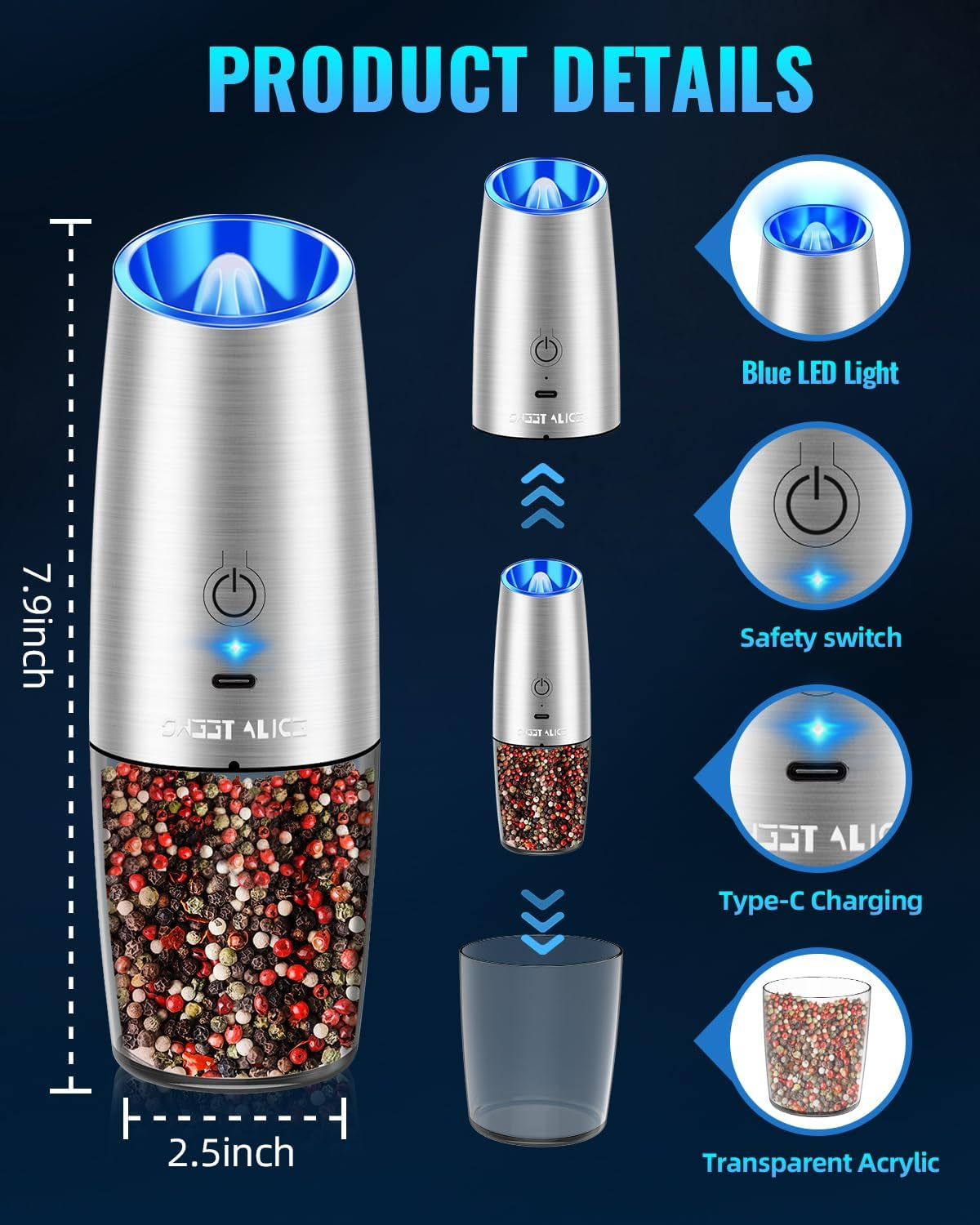 Sweet Alice Rechargeable Electric Pepper and Salt Grinder Set, No Battery Needed, Whit Gravity Sensing Switch and LED Light, One Hand Automatic Operation, Sliver 2 Pack