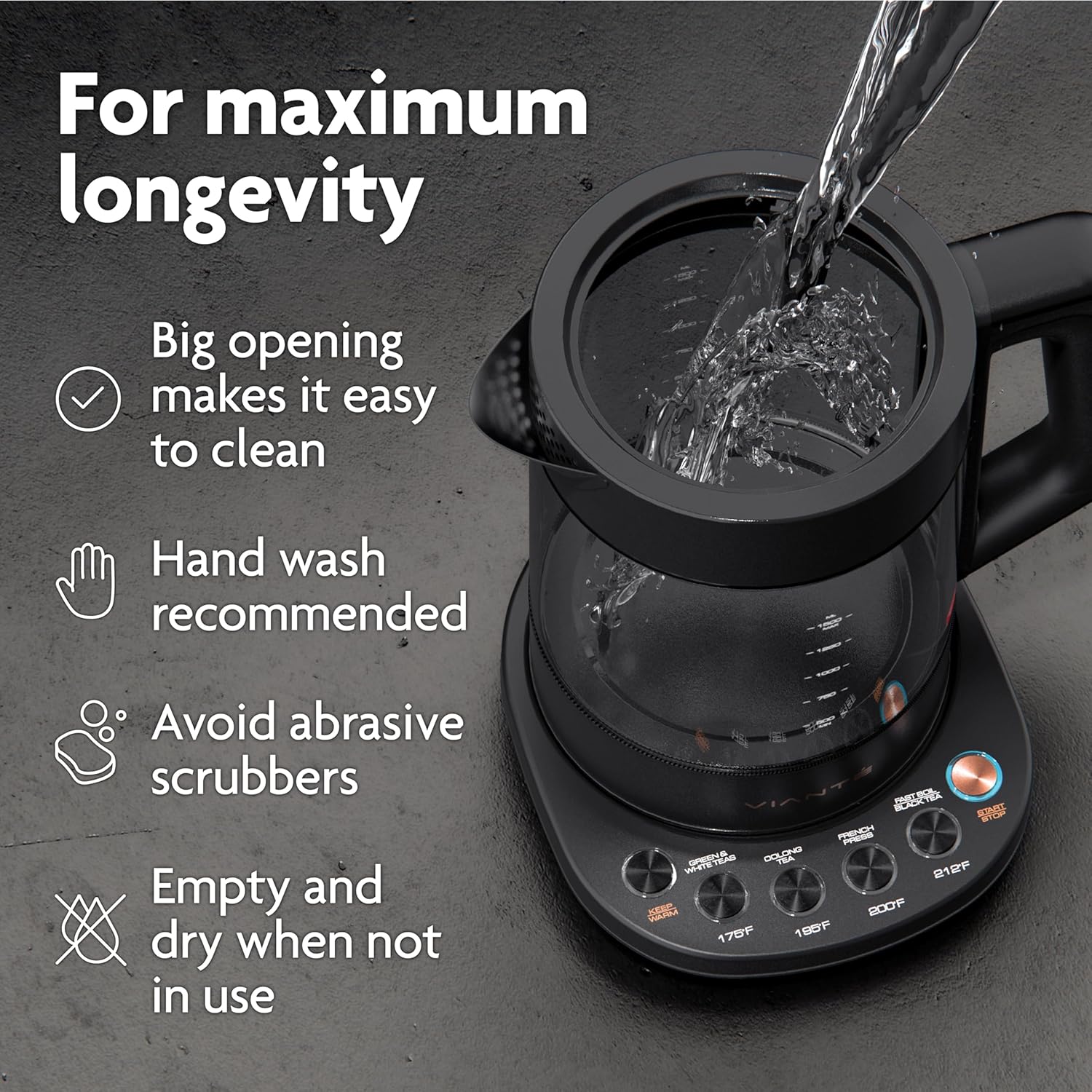 Vianté Electric Kettle with Tea Infuser for Loose Leaf Tea. Hot Tea Maker with Temperature Control and Automatic Shut Off. Tea Kettle with Brewing Programs. 1.5 Liters Capacity | Black Color