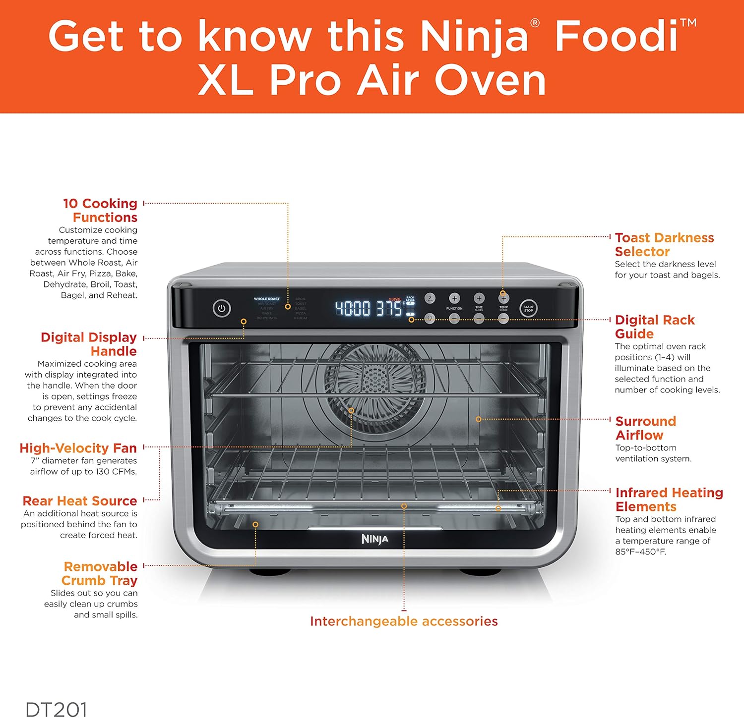 Ninja DT201 Foodi 10-In-1 XL Pro Air Fry Digital Countertop Convection Toaster Oven with Dehydrate and Reheat, 1800 Watts, Stainless Steel Finish, Silver