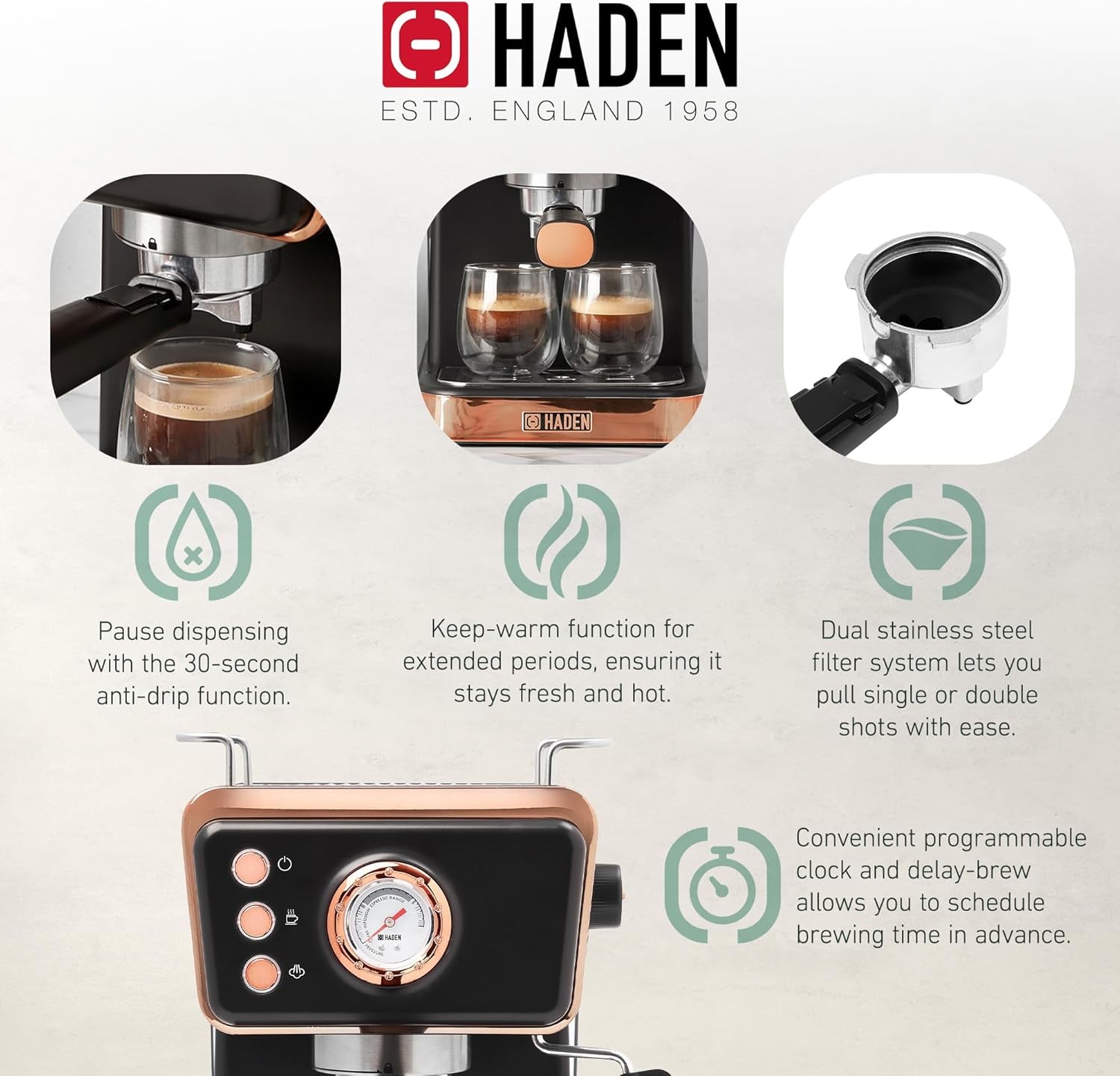 HADEN Barista Brew Espresso Coffee Machine Stainless Steel with Milk Frother and Steamer Function and 1.5L Water Tank Black & Copper