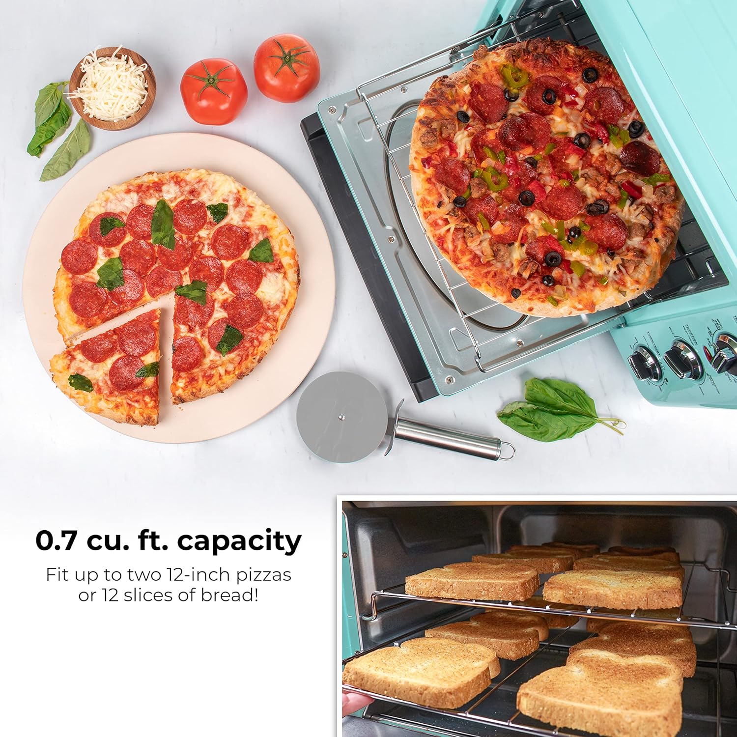 Nostalgia Retro Oven Broil Functions Includes Baking Pan and Frying Basket 21 Litter Aqua