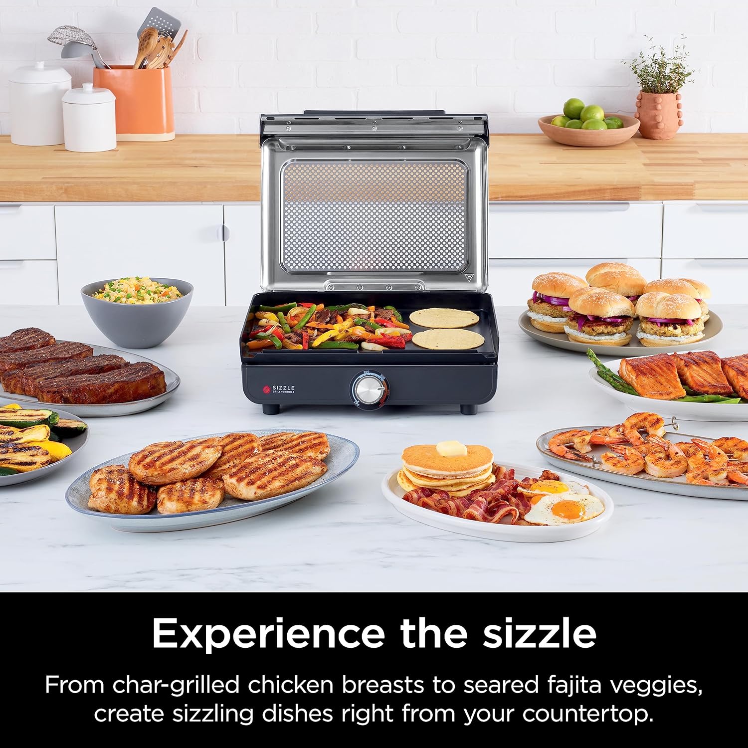 Ninja GR101 Sizzle Smokeless Indoor Grill & Griddle, 14'' Interchangeable Nonstick Plates, Dishwasher-Safe Removable Mesh Lid, 500F Max Heat, Even Edge-To-Edge Cooking, Grey/Silver