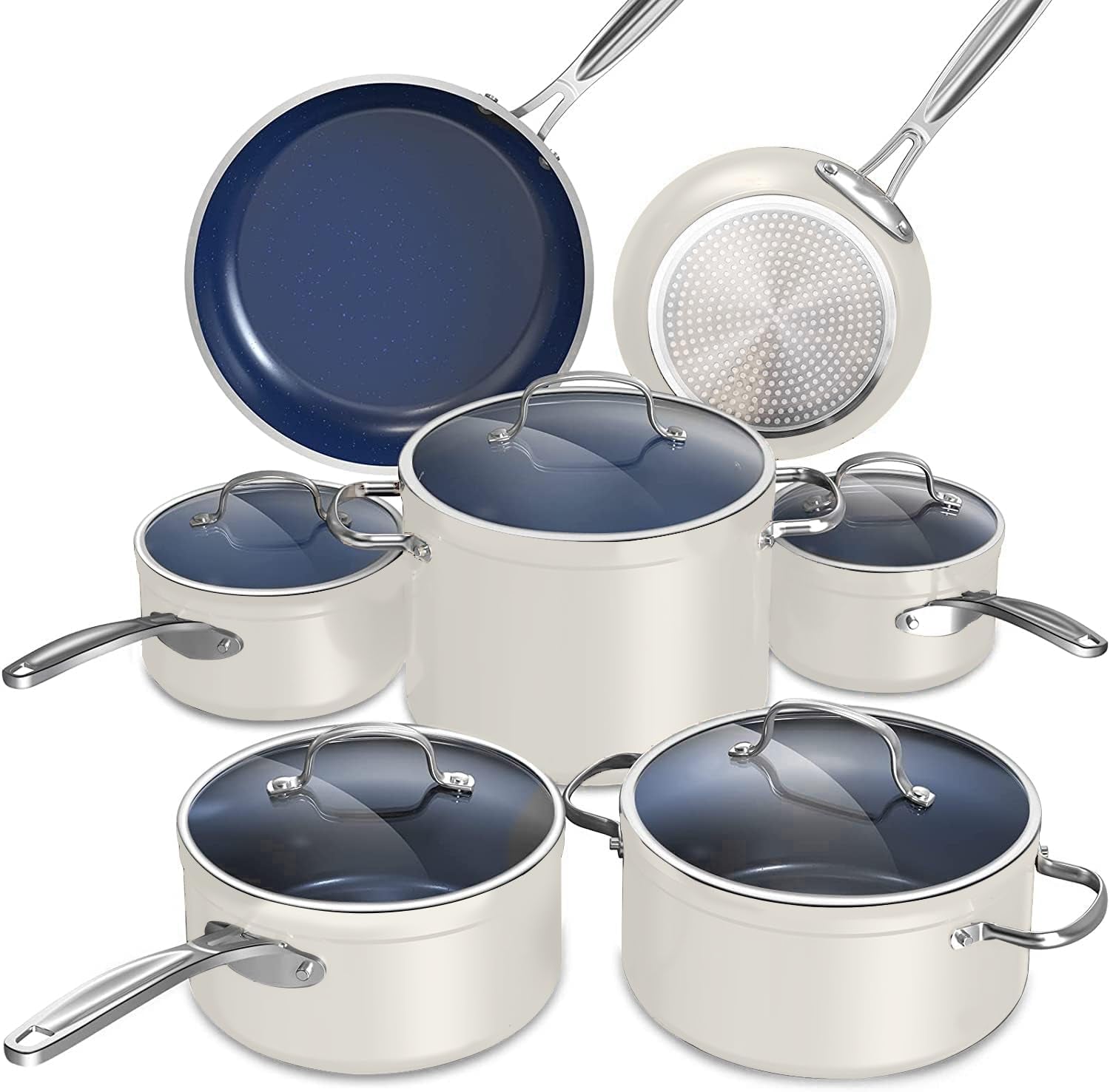 Nuwave Healthy Duralon Blue Ceramic Nonstick Cookware Set, Diamond Infused Scratch-Resistant, PFAS Free, Dishwasher & Oven Safe, Induction Ready & Evenly Heats, Tempered Glass Lids & Stay-Cool Handles