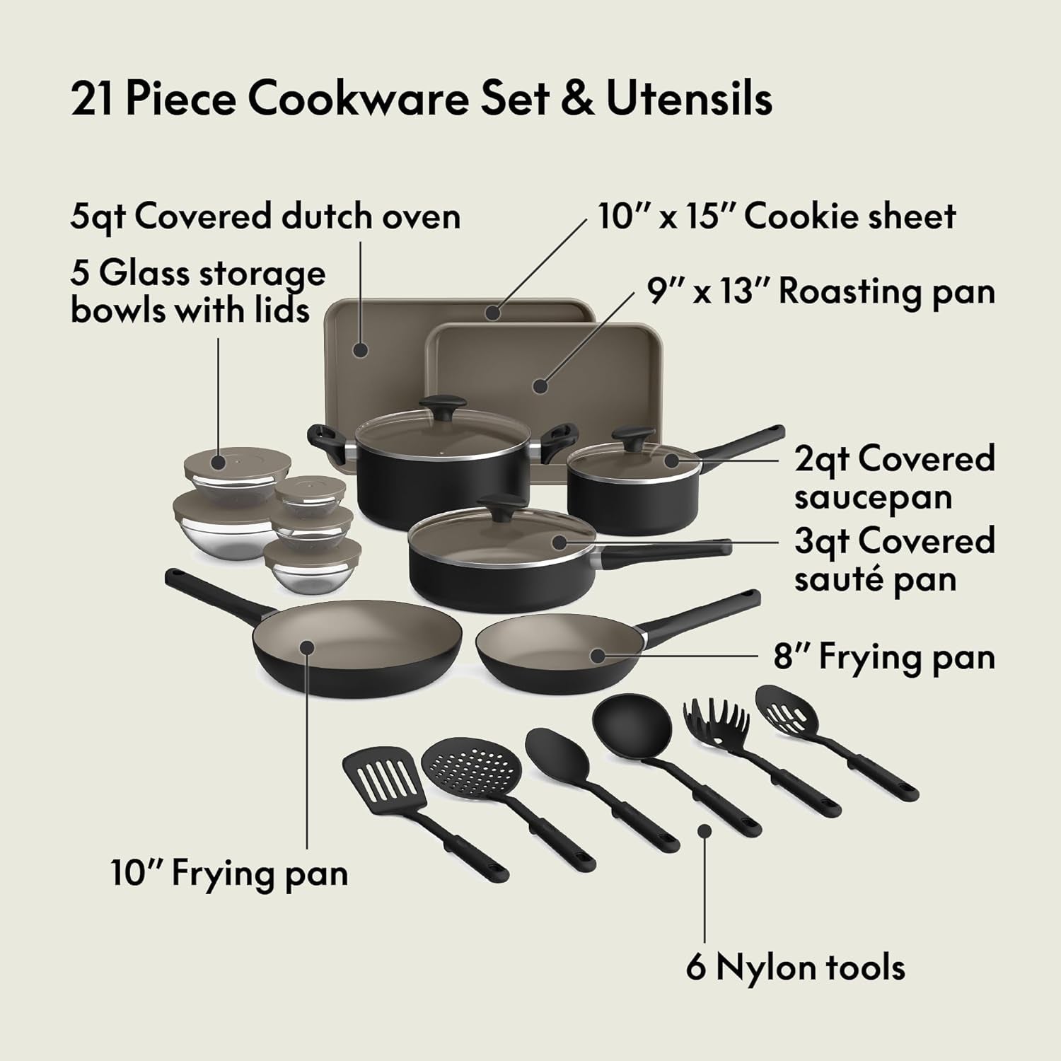 Bella 21 Piece Kitchen Set with Evergood™ Ceramic Nonstick Coating​, Dishwasher & Oven Safe, All Stovetops Compatible, Tempered Glass Lids & Cool Touch Handles, Black