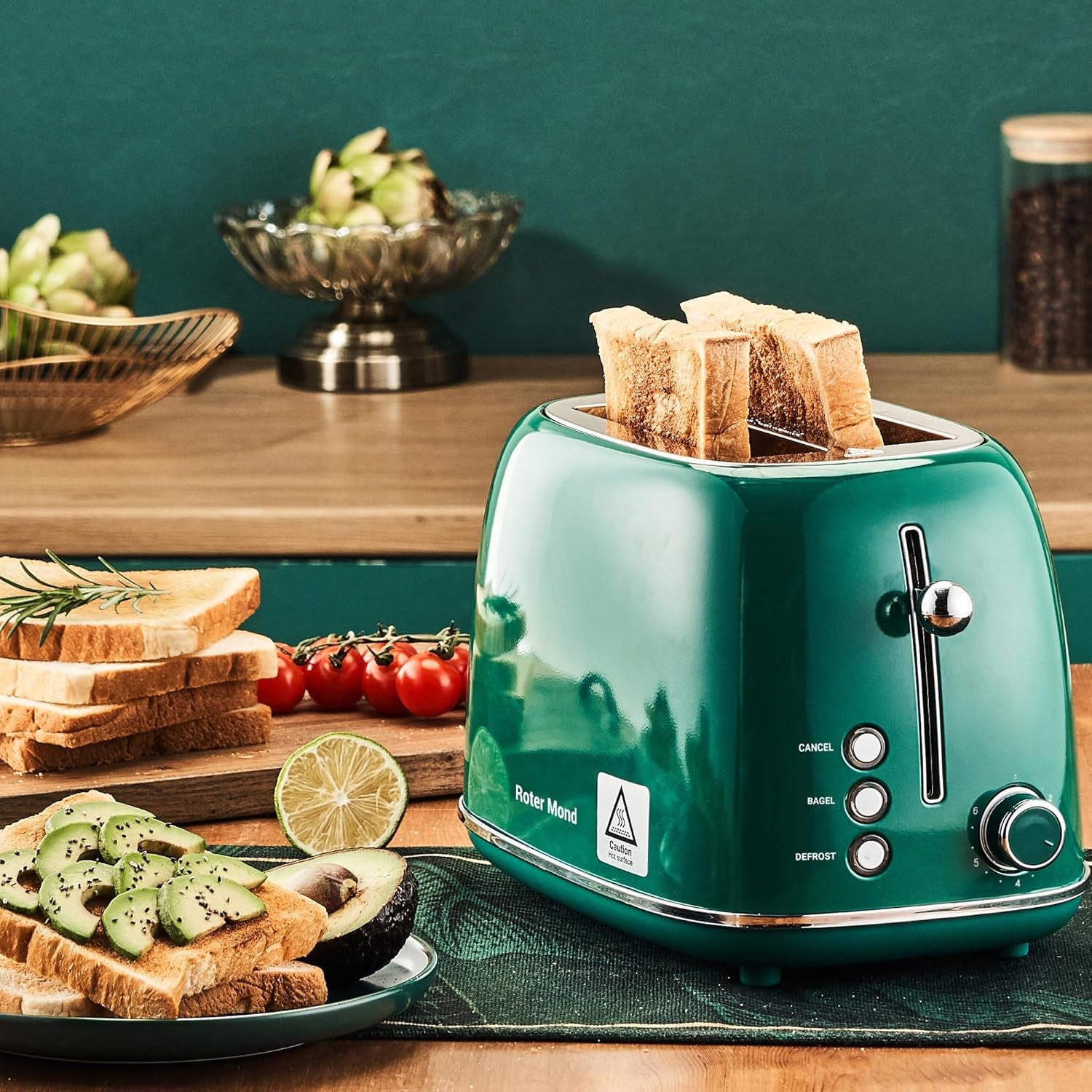 2 Slice Toaster Roter Mond Retro Stainless Steel Toaster with Bagel, Cancel, Defrost Function and 6 Bread Shade Settings Bread Toaster, Extra Wide Slot and Removable Crumb Tray, Green