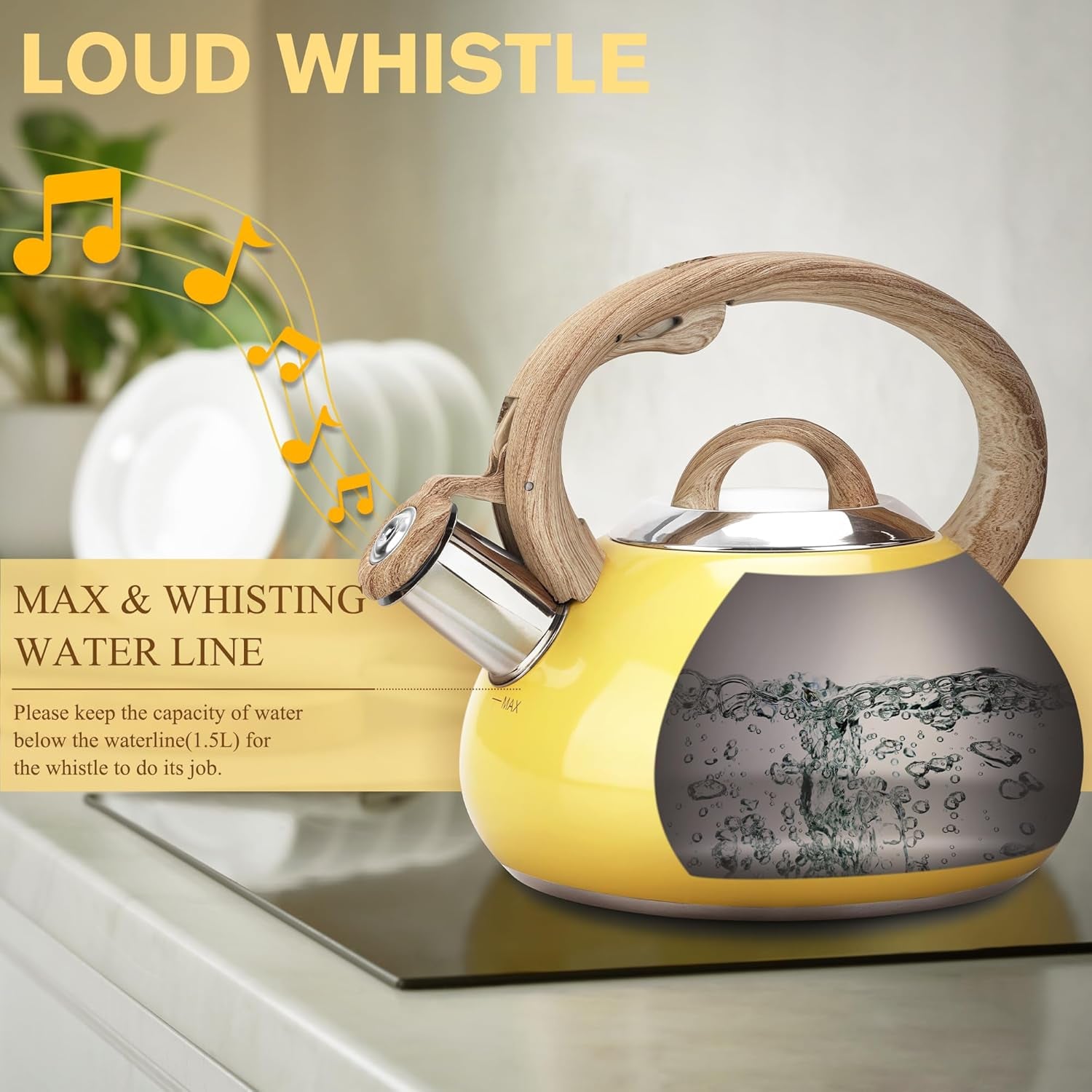 Tea Kettle Stovetop,2.0Qt Loud Whistling Kettle for Boiling Water Coffee or Milk, Food Grade Stainless Steel Tea Kettle with Wood Pattern Handle and Anti-Rust,Suitable for All Heat Sources