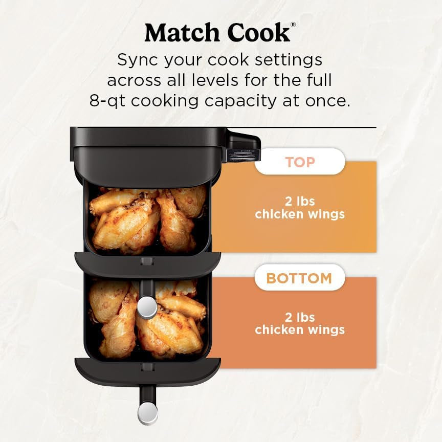 Ninja Doublestack 2-Basket Air Fryer, Doublestack Technology Cooks 4 Foods at Once, Space Saving Design, 8 QT, 6-In-1, Smart Finish & Match Cook, Air Fry, Broil, Bake, Easy Meals & Clean, Black, SL201