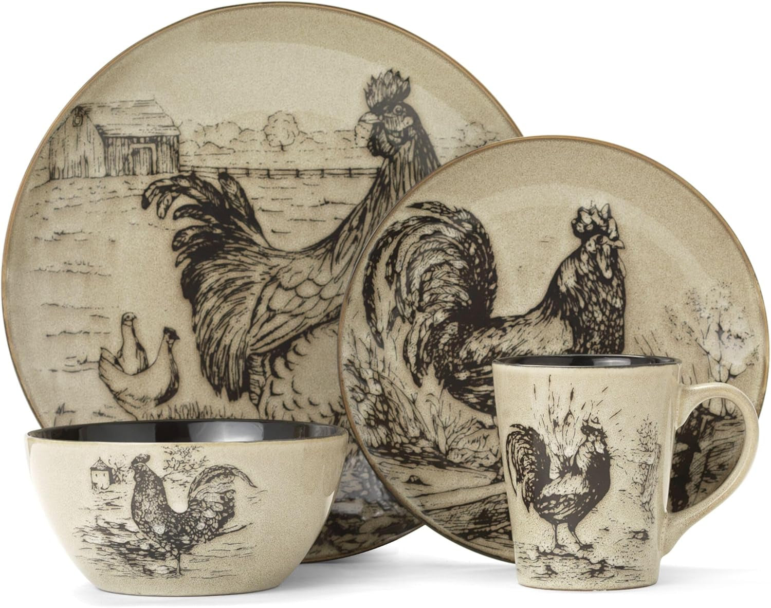 Pfaltzgraff Homespun Rooster 16-Piece Dinnerware Set, Service for 4 Brown