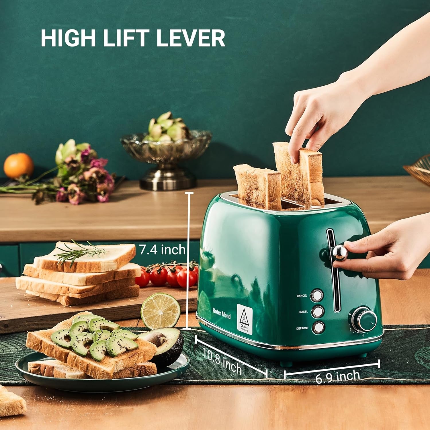 2 Slice Toaster Roter Mond Retro Stainless Steel Toaster with Bagel, Cancel, Defrost Function and 6 Bread Shade Settings Bread Toaster, Extra Wide Slot and Removable Crumb Tray, Green