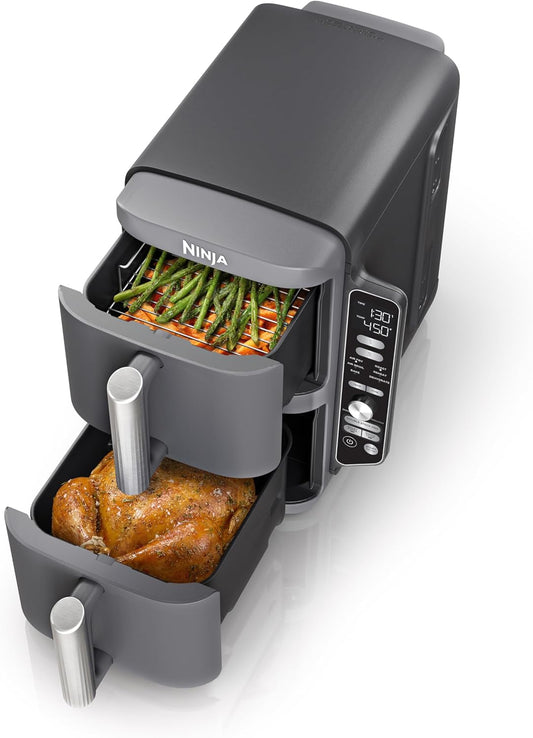 Ninja SL401 Doublestack XL 2-Basket Air Fryer, Doublestack Technology Cooks 4 Foods at Once, Compact Design, 10 QT, 6-In-1, Smart Finish & Match Cook, Air Fry, Broil, Bake, Easy Meals, Easy Clean,Grey