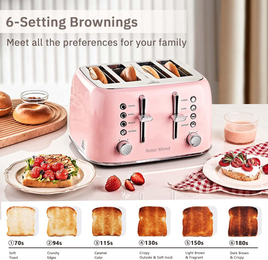 Roter Mond Retro Stainless Steel Toaster 4 Slice Extra Wide 6 Browning Levels Pink