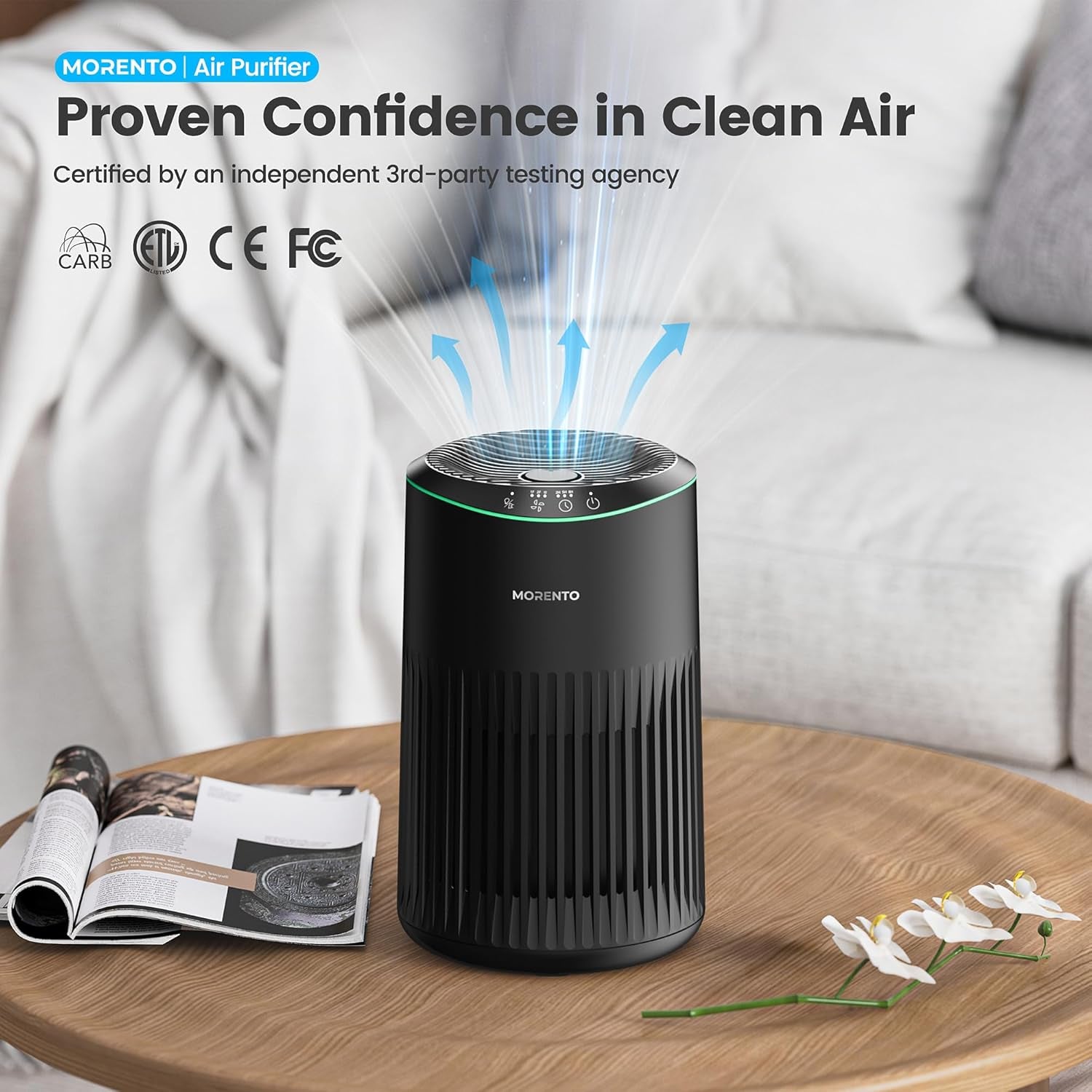 MORENTO Air Purifiers for Home, Air Purifier for Smoke Pet Dander Odors with Fragrance Sponge, Small Air Purifier with Sleep Mode for Bedroom Office, Blue Ambient Light, MR2566, Black, 1 Pack