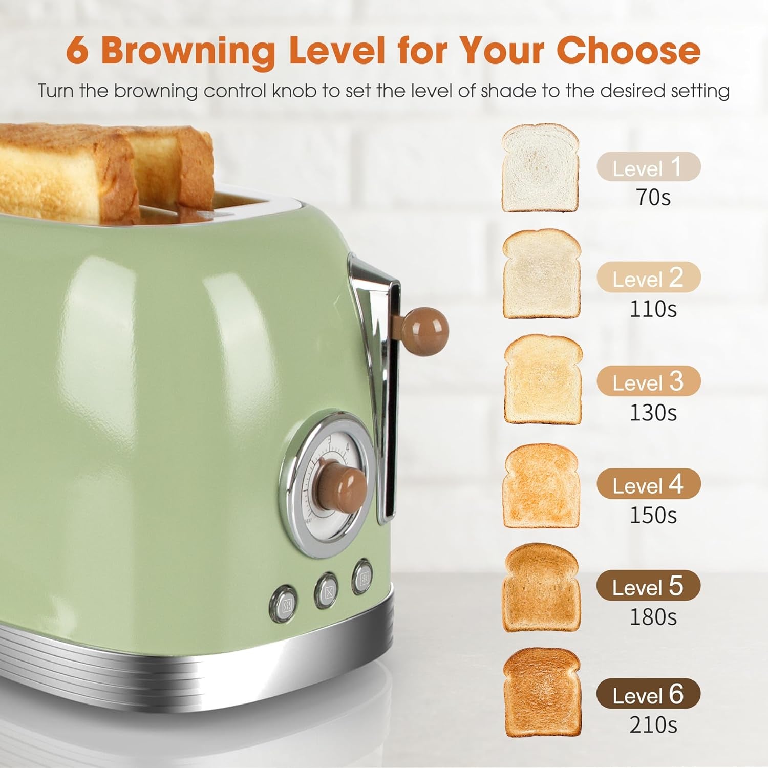 CROWNFUL 2-Slice Toaster, Extra Wide Slots Toaster, Retro Stainless Steel with Bagel, Cancel, Defrost, Reheat Function and 6-Shade Settings, Removal Crumb Tray, Green