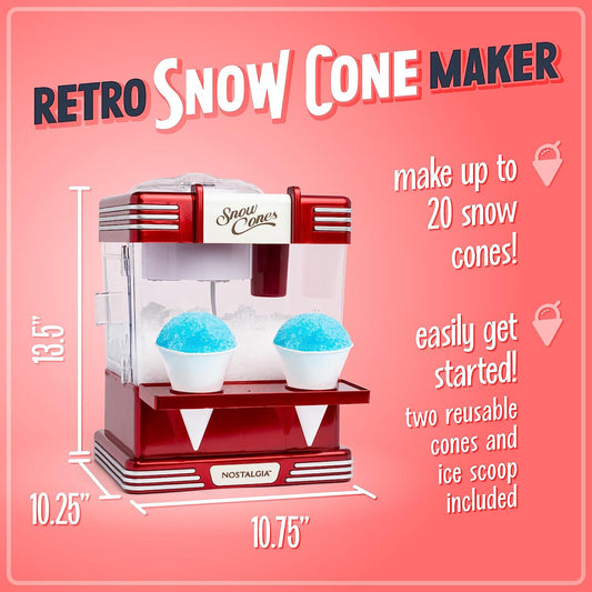 Nostalgia Snow Cone Shaved Ice Machine - Retro Table-Top Slushie Machine Makes 20 Icy Treats - Includes 2 Reusable Plastic Cups & Ice Scoop - Retro Red