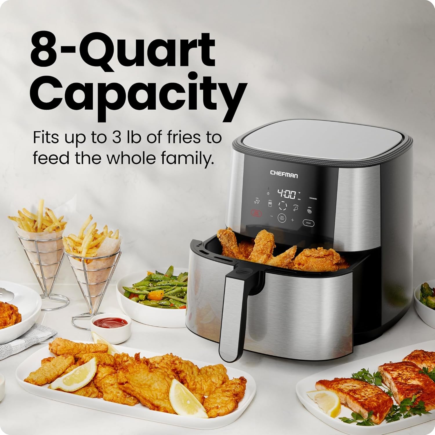 Chefman Turbofry® Touch Air Fryer, XL 8-Qt Family Size, One-Touch Digital Control Presets, French Fries, Chicken, Meat, Fish, Nonstick Dishwasher-Safe Parts, Automatic Shutoff, Stainless Steel