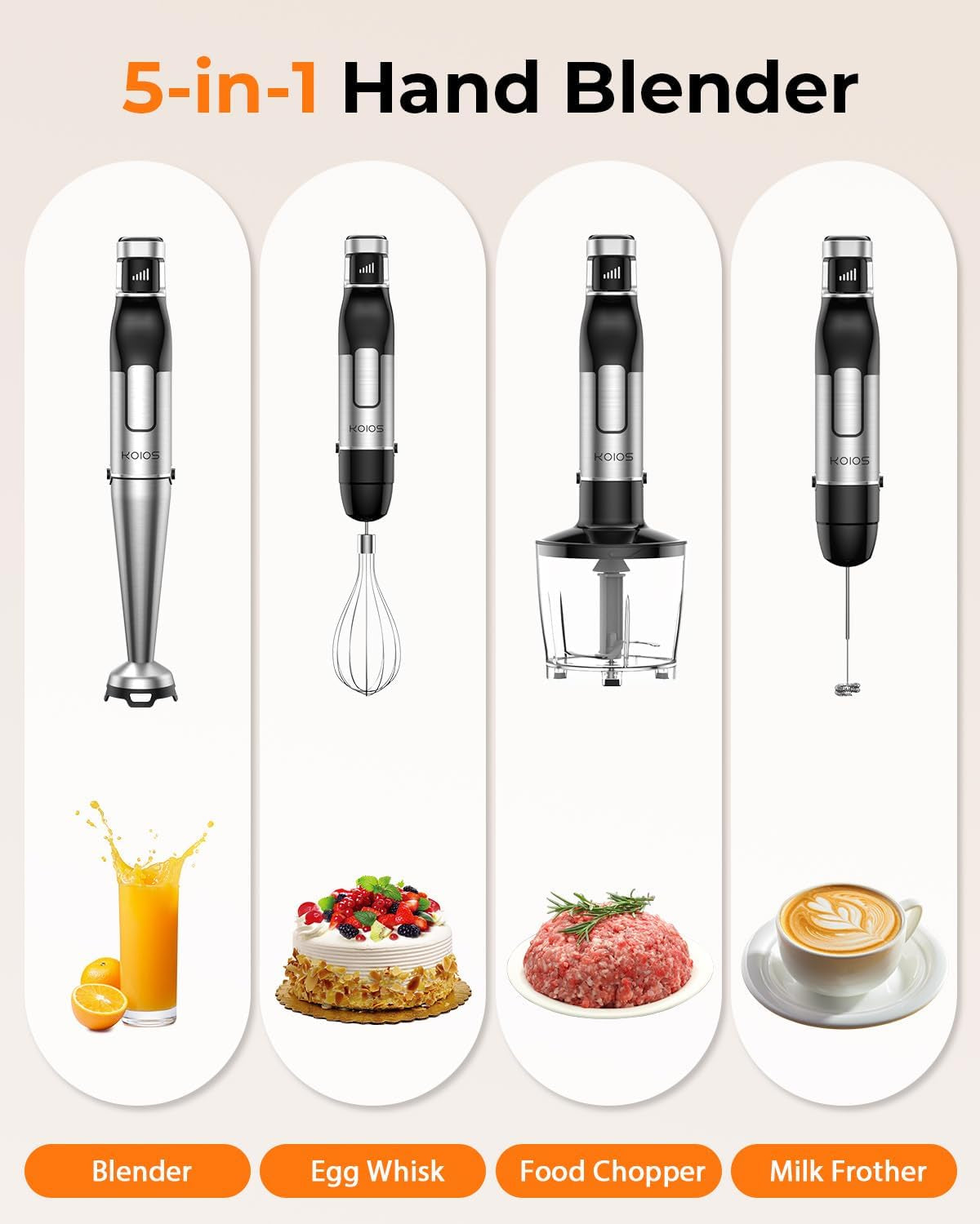 KOIOS Immersion Blender, 1100W Trigger Variable Speed Hand Blender, 5-In-1 Immersion Blender Handheld, Anti-Scratch Stick Blender with Chopper, Whisk, Beaker and Frother, Non-Bpa