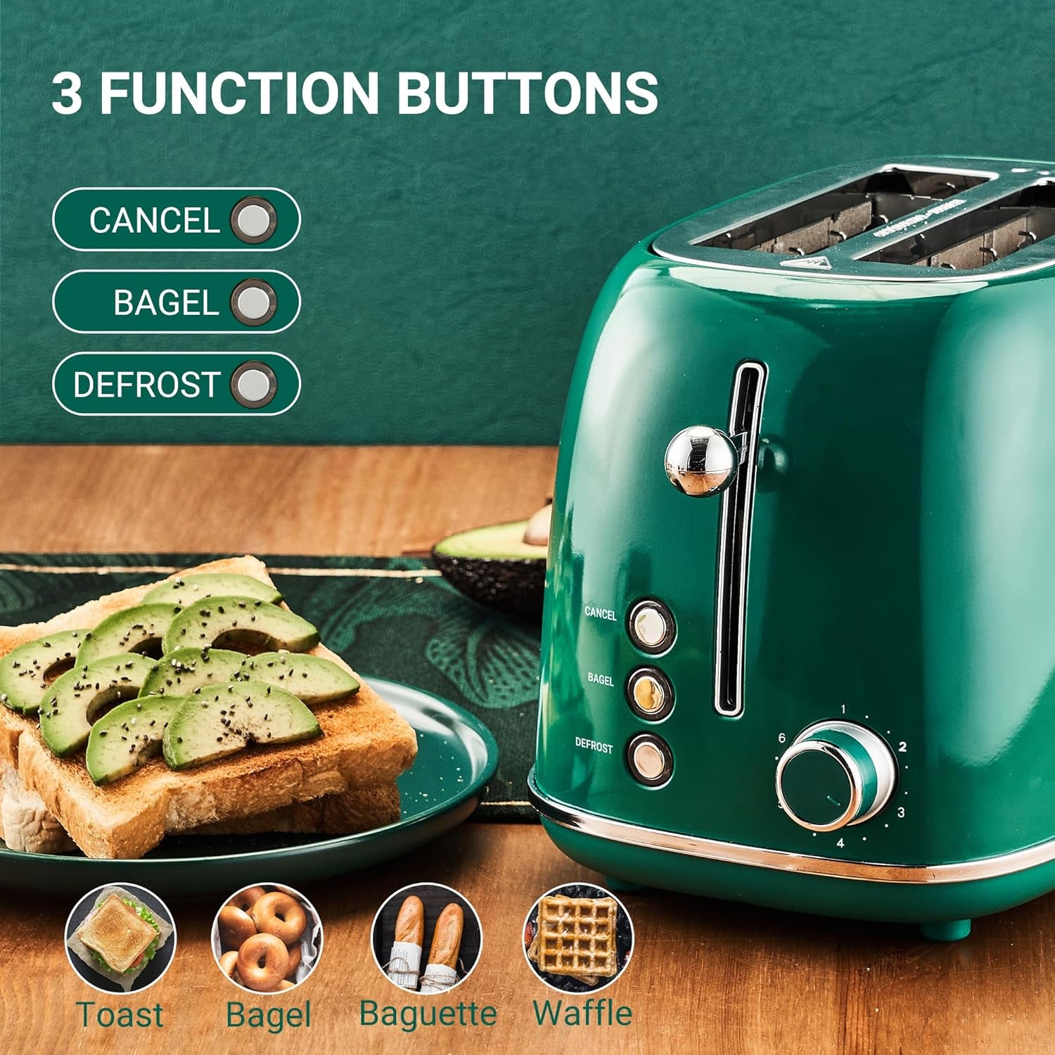 2 Slice Toaster Roter Mond Retro Stainless Steel Toaster with Bagel, Cancel, Defrost Function and 6 Bread Shade Settings Bread Toaster, Extra Wide Slot and Removable Crumb Tray, Green