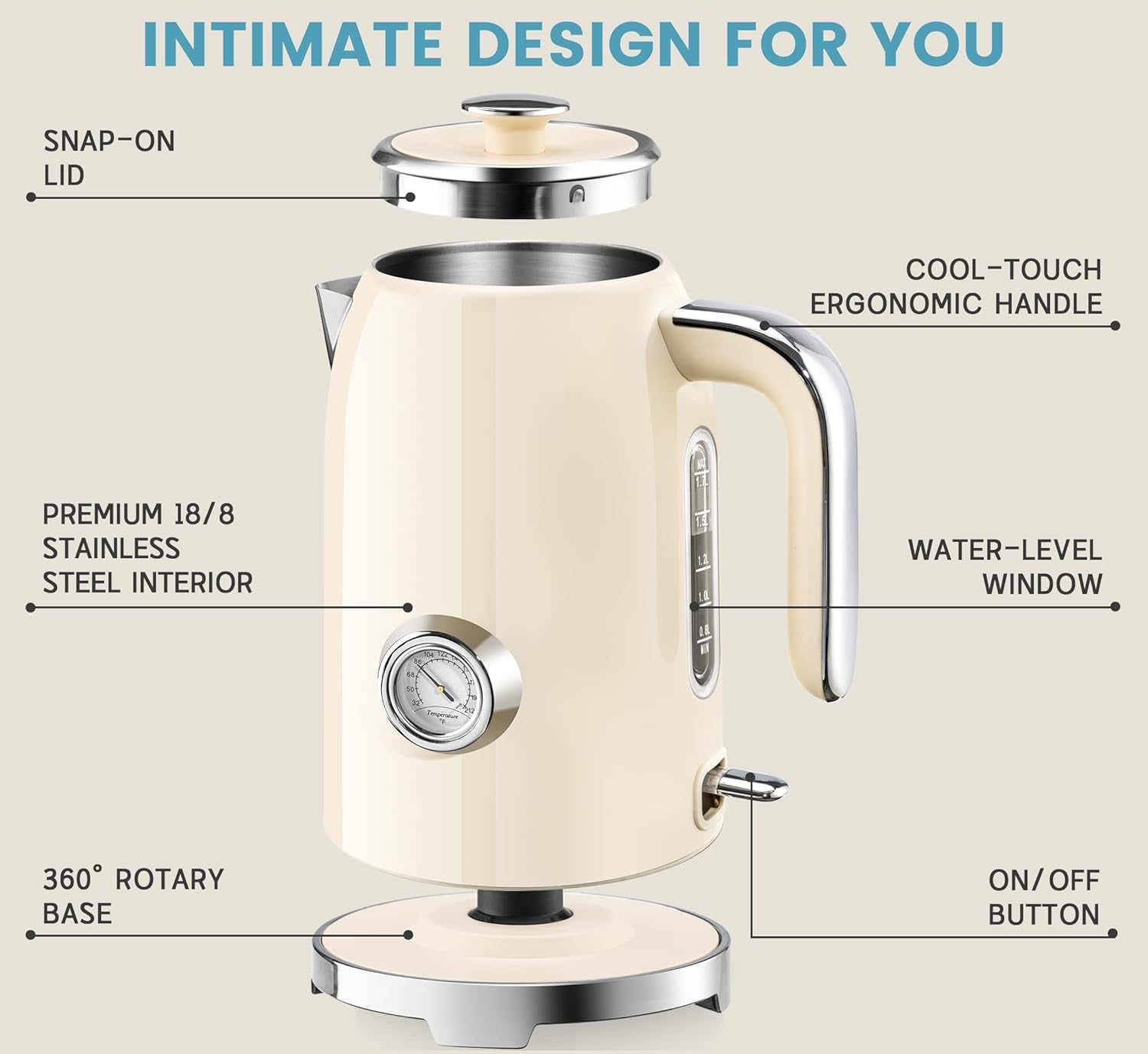 SUSTEAS Electric Kettle Stainless Steel 1.7L With Temperature Control & LED Indicator Beige