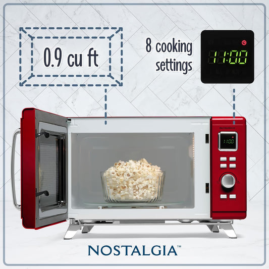 Nostalgia Mid-Century Retro Countertop Microwave Oven - Large 900-Watt - 0.9 Cu Ft - 8 Pre-Programmed Cooking Settings - Digital Clock - Kitchen Appliances - Red