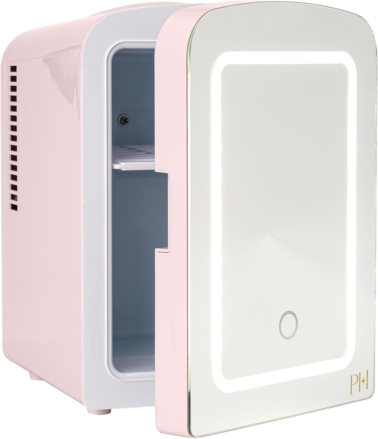 Paris Hilton Mini Refrigerator and Personal Beauty Fridge, Mirrored Door with Dimmable LED Light, Thermoelectric Cooling and Warming Function for All Cosmetics and Skincare Needs, 4-Liter, Pink