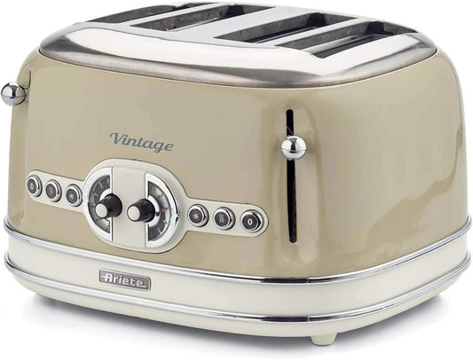 Ariete 156 Tostapane Vintage 4 Fette Di Pane - Senza Pinze - 6 Livelli Di Tostatura - Defrost - 1600 Watt - Linea Vintage - Beige